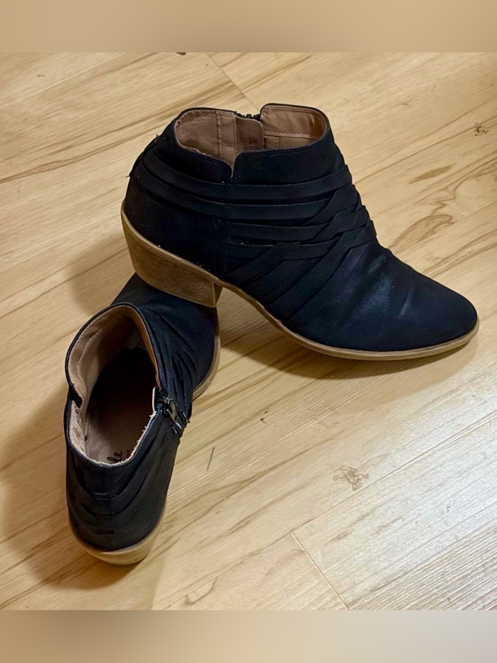 Life Stride Black Ankle Booties with Stacked Tan Heel